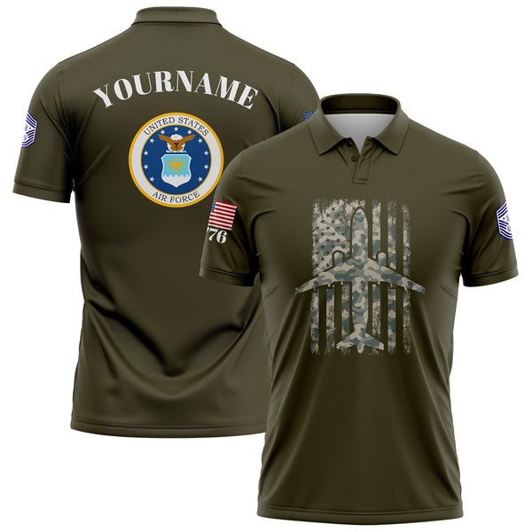 Custom Olive Fighter 1776 American Flag U.S Air Force Military Rank Name Golf Polo Shirt
