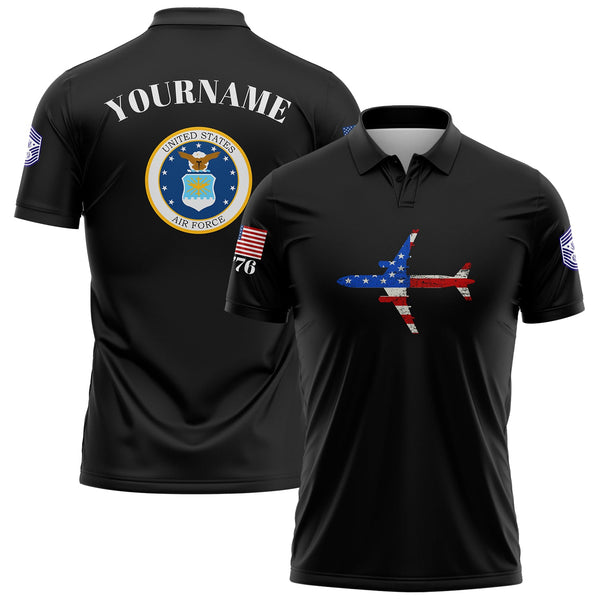 Custom Black Fighter 1776 American Flag U.S Air Force Military Rank Name Golf Polo Shirt