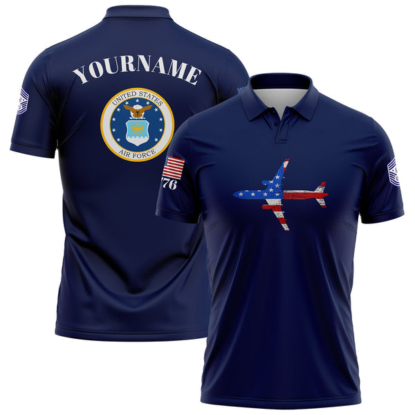 Custom Navy Fighter 1776 American Flag U.S Air Force Military Rank Name Golf Polo Shirt
