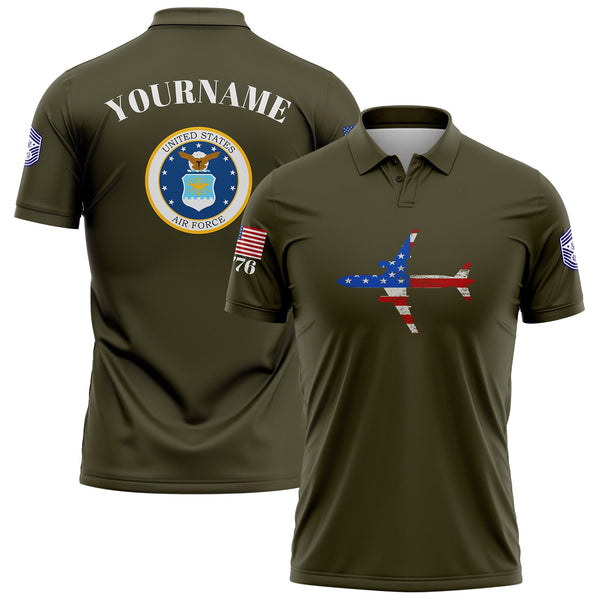 Custom Olive Fighter 1776 American Flag U.S Air Force Military Rank Name Golf Polo Shirt