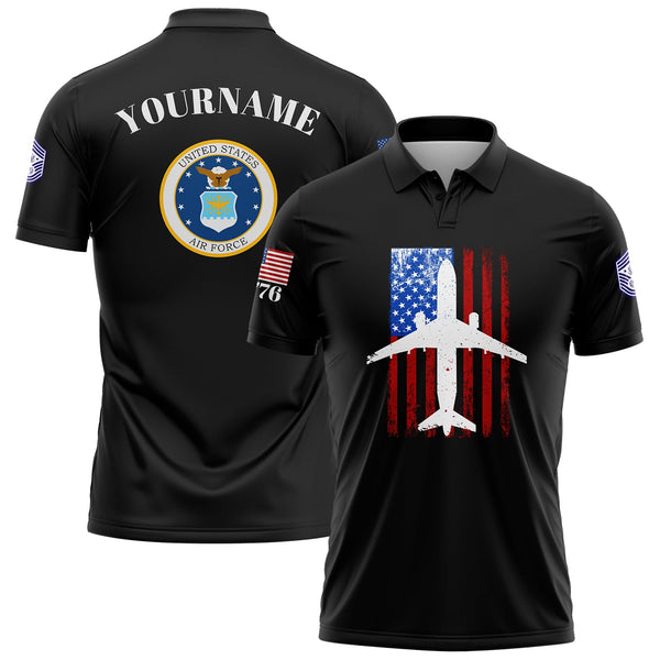Custom Black Fighter 1776 American Flag U.S Air Force Military Rank Name Golf Polo Shirt