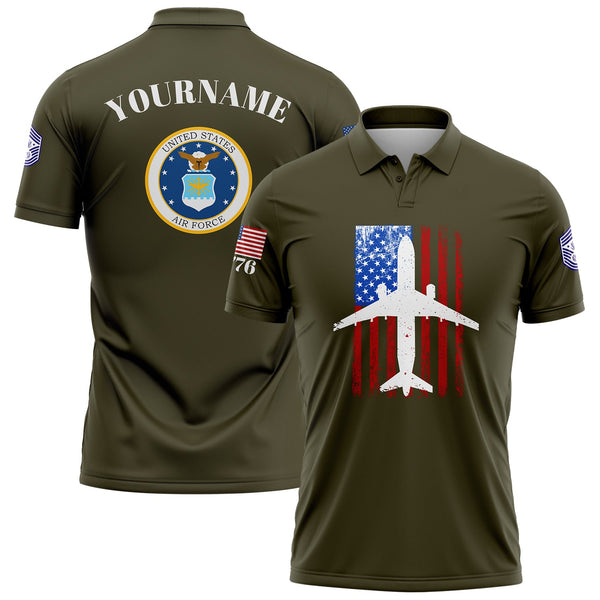 Custom Olive Fighter 1776 American Flag U.S Air Force Military Rank Name Golf Polo Shirt