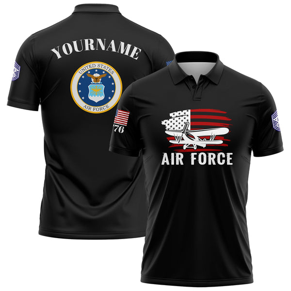 Custom Black Fighter 1776 American Flag U.S Air Force Military Rank Name Golf Polo Shirt