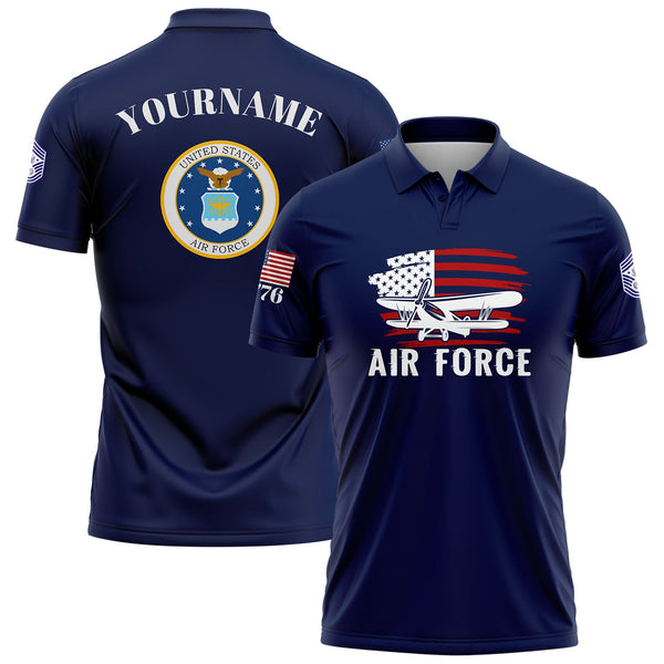 Custom Navy Fighter 1776 American Flag U.S Air Force Military Rank Name Golf Polo Shirt