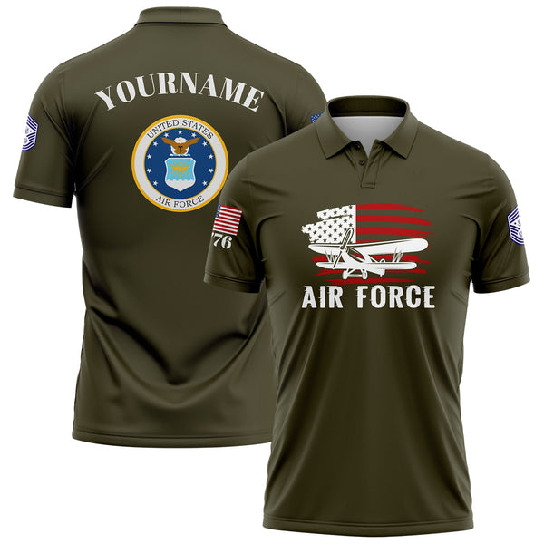 Custom Olive Fighter 1776 American Flag U.S Air Force Military Rank Name Golf Polo Shirt