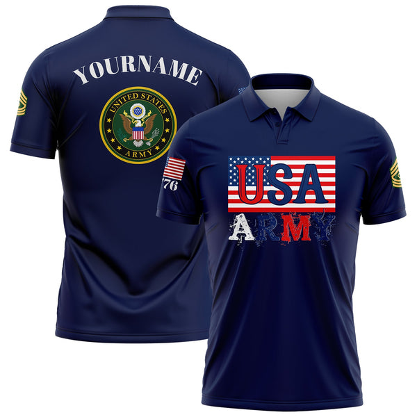 Custom Navy USA 1776 American Flag U.S Army Military Rank Name Golf Polo Shirt
