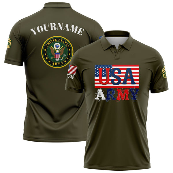 Custom Olive USA 1776 American Flag U.S Army Military Rank Name Golf Polo Shirt