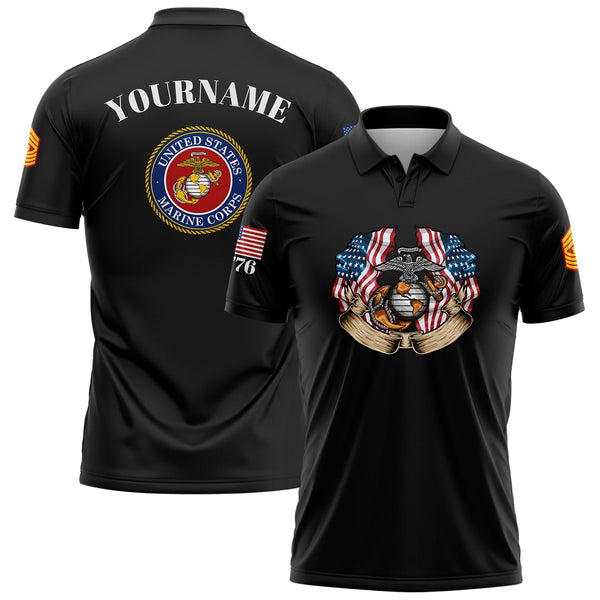 Custom Black 1776 American Flag U.S Marine Corps Military Rank Name Golf Polo Shirt