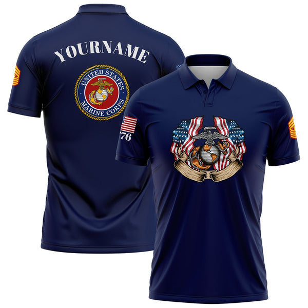 Custom Navy 1776 American Flag U.S Marine Corps Military Rank Name Golf Polo Shirt