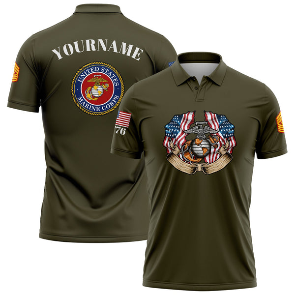 Custom Olive 1776 American Flag U.S Marine Corps Military Rank Name Golf Polo Shirt