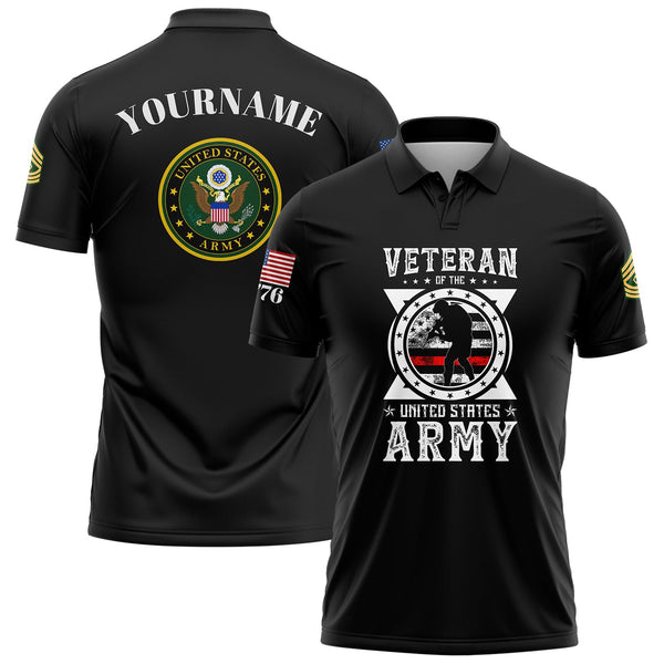 Custom Black Veteran 1776 American Flag U.S Army Military Rank Name Golf Polo Shirt
