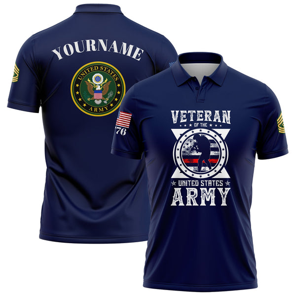 Custom Navy Veteran 1776 American Flag U.S Army Military Rank Name Golf Polo Shirt