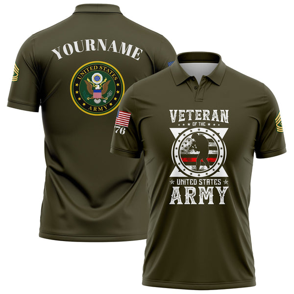 Custom Olive Veteran 1776 American Flag U.S Army Military Rank Name Golf Polo Shirt
