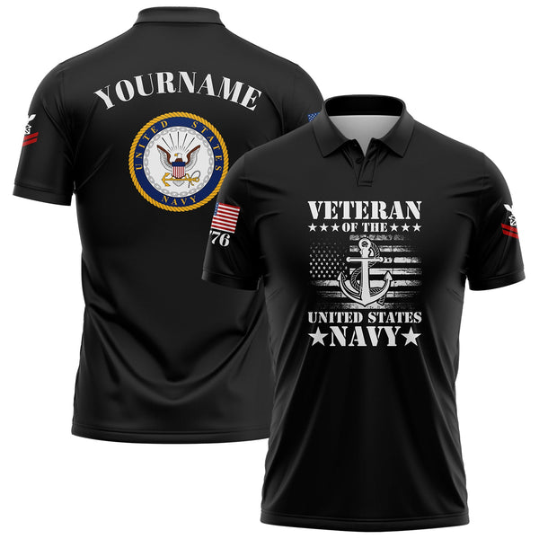 Custom Black Veteran 1776 American Flag U.S Navy Military Rank Name Golf Polo Shirt
