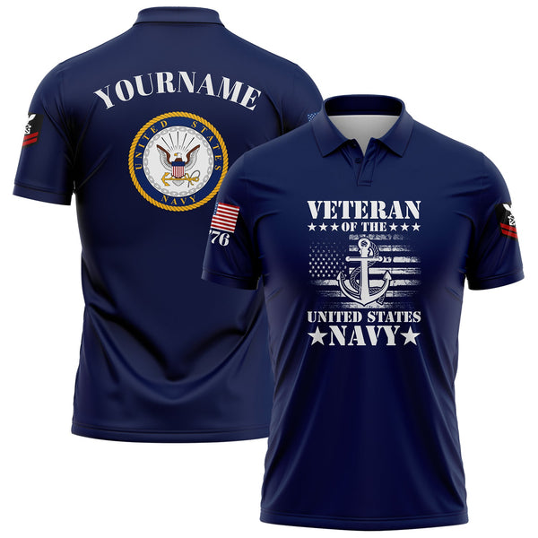 Custom Navy Veteran 1776 American Flag U.S Navy Military Rank Name Golf Polo Shirt