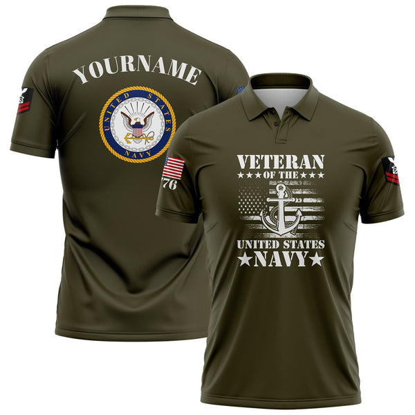 Custom Olive Veteran 1776 American Flag U.S Navy Military Rank Name Golf Polo Shirt