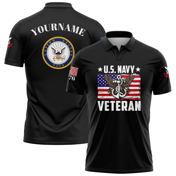 Custom Black Veteran 1776 American Flag U.S Navy Military Rank Name Golf Polo Shirt