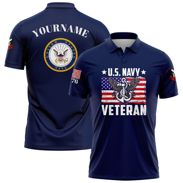 Custom Navy Veteran 1776 American Flag U.S Navy Military Rank Name Golf Polo Shirt