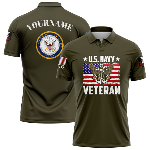 Custom Olive Veteran 1776 American Flag U.S Navy Military Rank Name Golf Polo Shirt