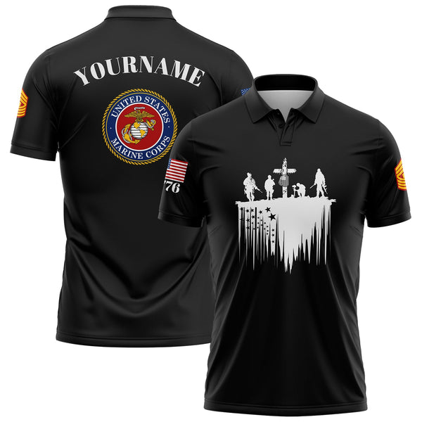 Custom Black Tombstone Dog tag 1776 American Flag U.S Navy Military Rank Name Memorial Day Golf Polo Shirt