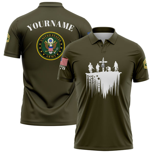 Custom Olive Tombstone Dog tag 1776 American Flag U.S Army Military Rank Name Memorial Day Golf Polo Shirt