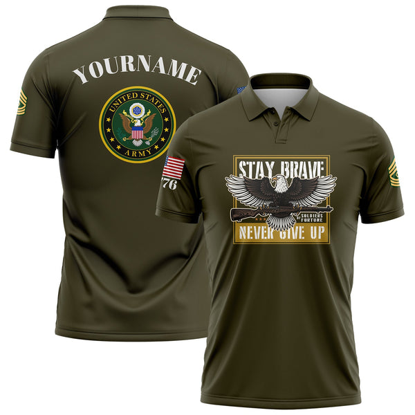 Custom Olive Eagle Stay Brave Never Give Up 1776 U.S Army Military Rank Name Golf Polo Shirt
