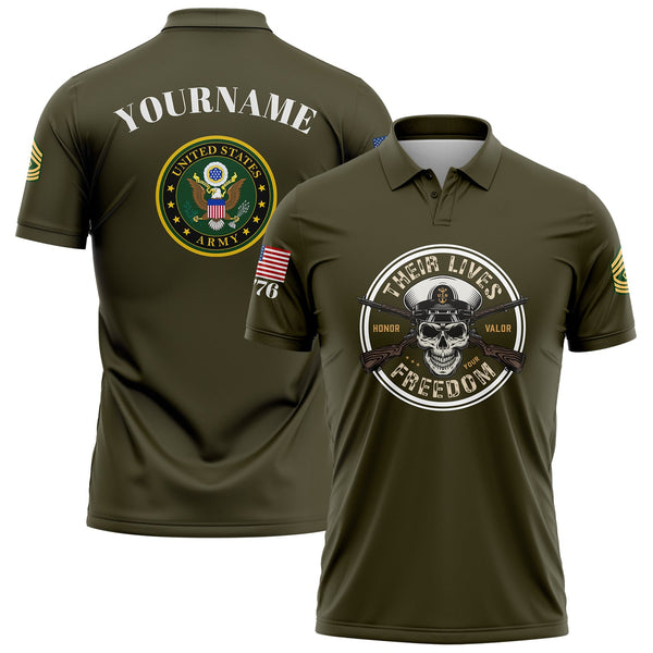 Custom Olive Skull Their Lives Freedom 1776 U.S Army Military Rank Name Golf Polo Shirt