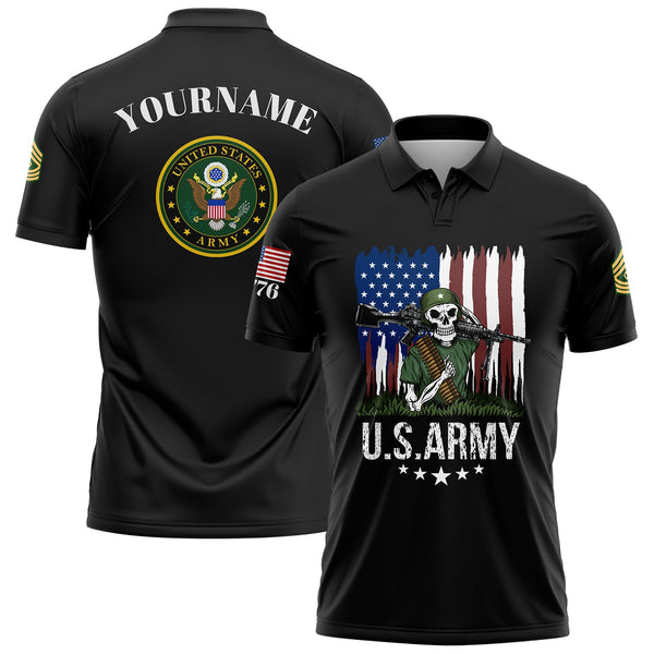 Custom Black Skull Soldier 1776 American Flag U.S Army Military Rank Name Golf Polo Shirt