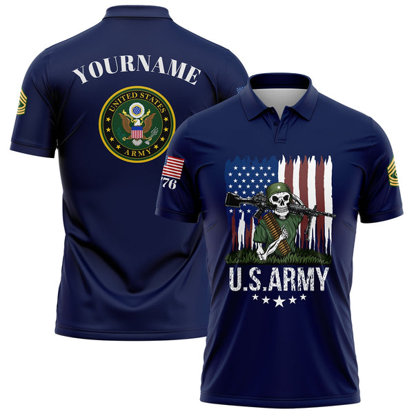 Custom Navy Skull Soldier 1776 American Flag U.S Army Military Rank Name Golf Polo Shirt