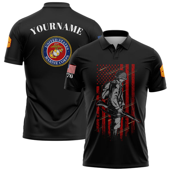 Custom Black 1776 American Flag U.S Marine Corps Military Rank Name Golf Polo Shirt