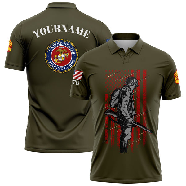 Custom Olive 1776 American Flag U.S Marine Corps Military Rank Name Golf Polo Shirt