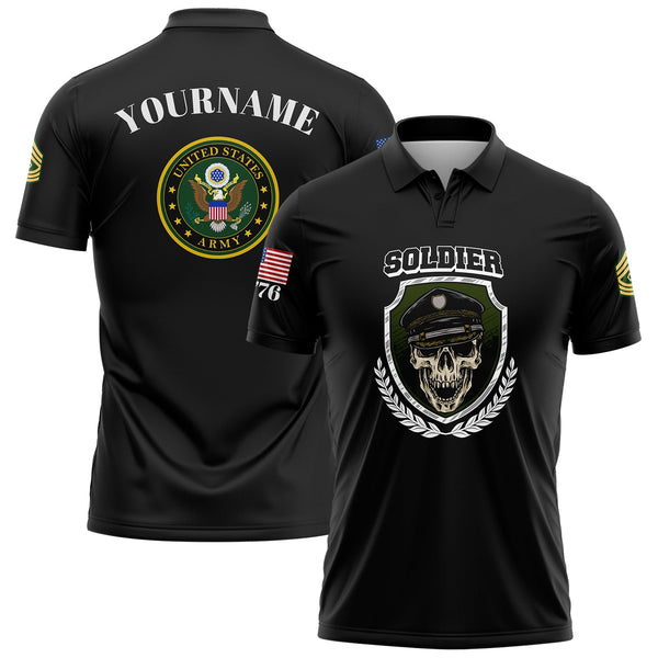 Custom Black Skull Soldier 1776 U.S Army Military Rank Name Golf Polo Shirt