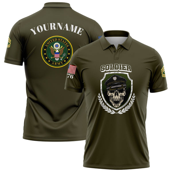 Custom Olive Skull Soldier 1776 U.S Army Military Rank Name Golf Polo Shirt
