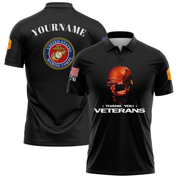 Custom Black Thank You Veterans 1776 U.S Marine Corps Military Rank Name Golf Polo Shirt