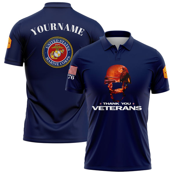Custom Navy Thank You Veterans 1776 U.S Marine Corps Military Rank Name Golf Polo Shirt