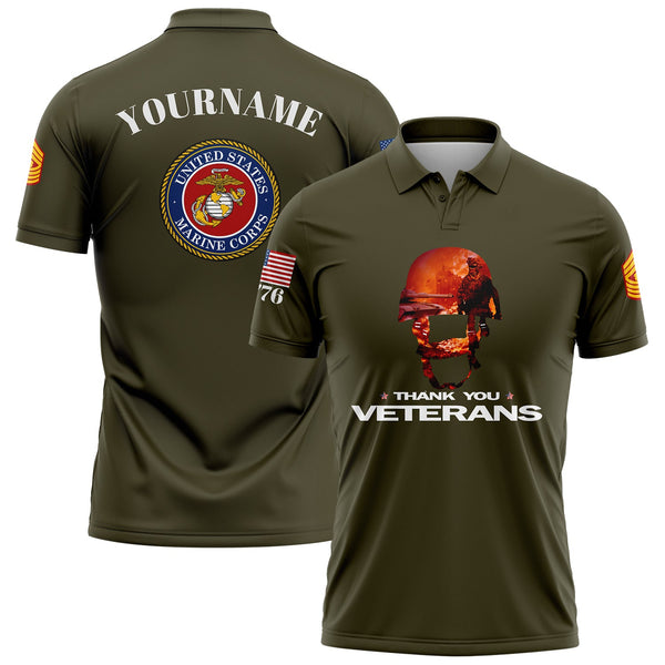 Custom Olive Thank You Veterans 1776 U.S Marine Corps Military Rank Name Golf Polo Shirt