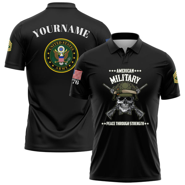 Custom Black Skull 1776 U.S Army Military Rank Name Golf Polo Shirt