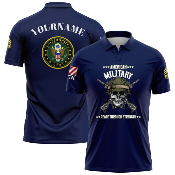 Custom Navy Skull 1776 U.S Army Military Rank Name Golf Polo Shirt