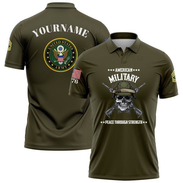 Custom Olive Skull 1776 U.S Army Military Rank Name Golf Polo Shirt