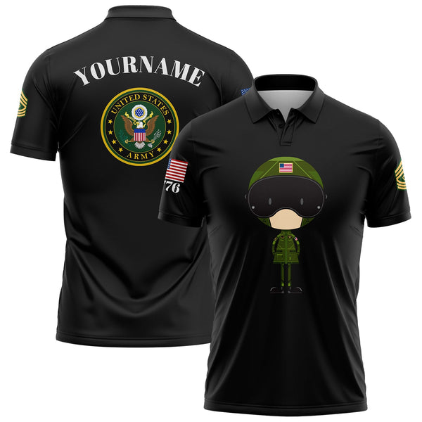 Custom Black Cartoon 1776 U.S Army Military Rank Name Golf Polo Shirt