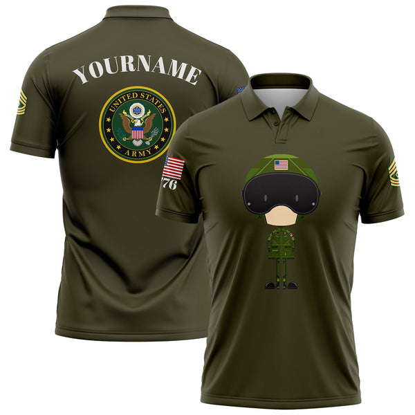 Custom Olive Cartoon 1776 U.S Army Military Rank Name Golf Polo Shirt