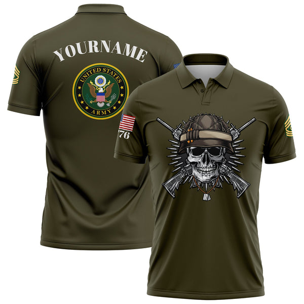 Custom Olive Skull 1776 U.S Army Military Rank Name Golf Polo Shirt