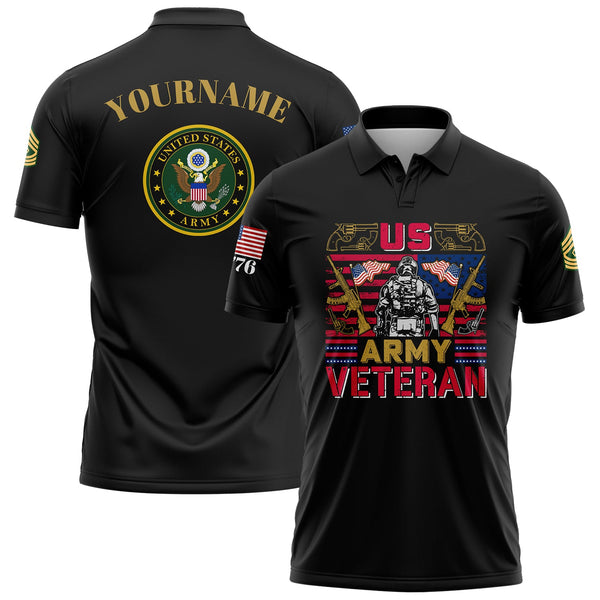 Custom Black 1776 American Flag U.S Army Military Rank Name Golf Polo Shirt