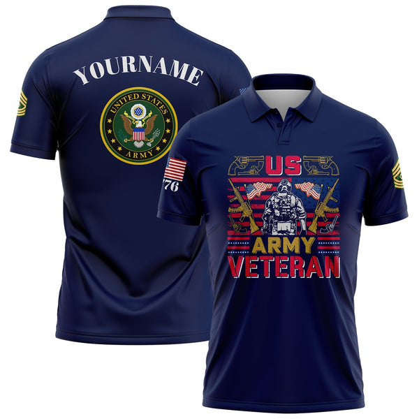Custom Navy 1776 American Flag U.S Army Military Rank Name Golf Polo Shirt