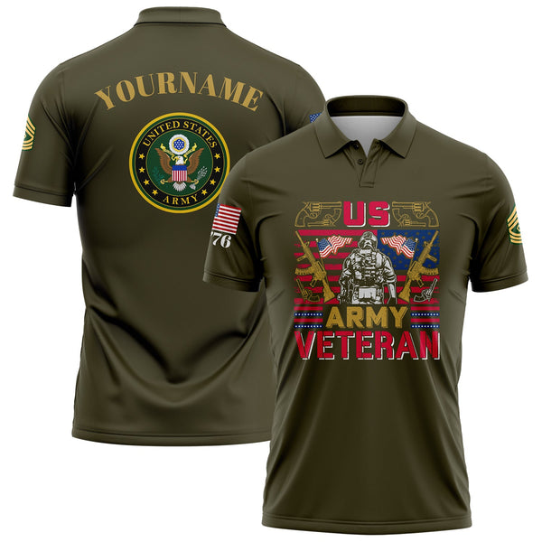 Custom Olive 1776 American Flag U.S Army Military Rank Name Golf Polo Shirt