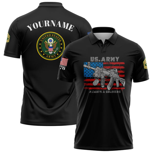 Custom Black Always A Soldiers 1776 American Flag U.S Army Military Rank Name Golf Polo Shirt