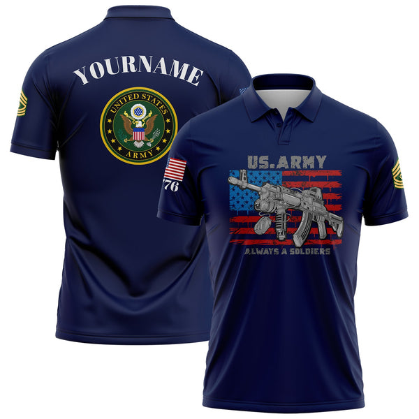 Custom Navy Always A Soldiers 1776 American Flag U.S Army Military Rank Name Golf Polo Shirt