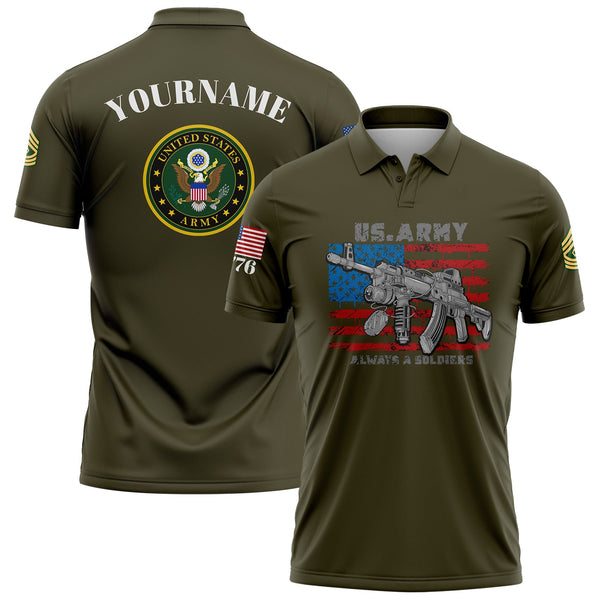 Custom Olive Always A Soldiers 1776 American Flag U.S Army Military Rank Name Golf Polo Shirt