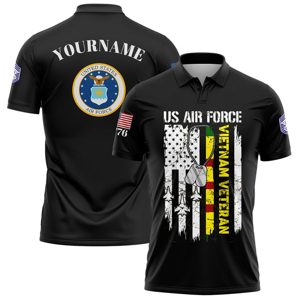 Custom Black Vietnam Veteran 1776 American Flag U.S Air Force Military Rank Name Veterans Day Golf Polo Shirt