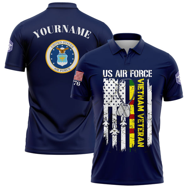 Custom Navy Vietnam Veteran 1776 American Flag U.S Air Force Military Rank Name Veterans Day Golf Polo Shirt